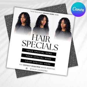 Könnte beinhalten: Ein weißer Flyer mit dem Text "HAIR SPECIALS" und drei schwarzen Balken für Sonderangebote. Der Flyer zeigt drei Bilder einer Frau mit langen, welligen Haaren. Das Canva-Logo befindet sich oben rechts.
