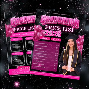 2x Pink Graduation Price List Canva Editable Template, Graduation Package Flyer, Grad Class of 2026 Salon Flyer, Hair & Makeup Pricing List