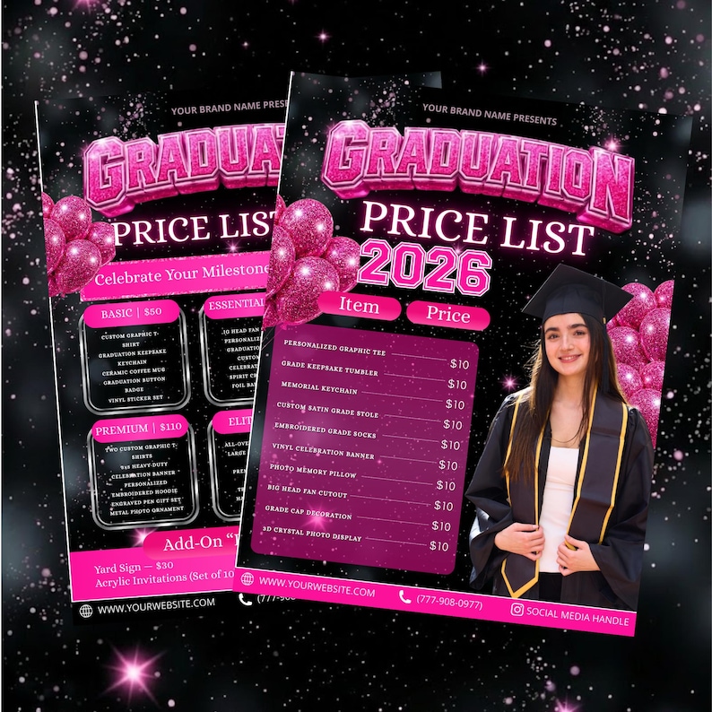 2x Pink Graduation Price List Canva Editable Template, Graduation Package Flyer, Grad Class of 2026 Salon Flyer, Hair & Makeup Pricing List