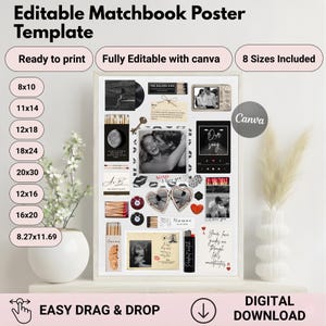 Könnte beinhalten: Eine weiße Postervorlage im Streichholzdesign mit verschiedenen Fotos, Texten und Grafiken. Das Poster enthält den Text "Editable Matchbook Poster Template", "Ready to print" und "Fully Editable with canva". Es ist in 8 Größen erhältlich.
