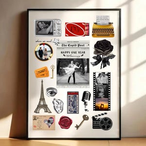 Könnte beinhalten: Ein gerahmtes Collage mit romantischen und nostalgischen Elementen. Es enthält einen Vintage-Fernseher, Streichholzschachtel, Schreibmaschine, Fotos, ein Ticket, Schlüssel, den Eiffelturm und eine Zeitungsüberschrift "Happy One Year Anniversary."