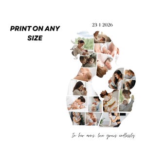 Könnte beinhalten: Eine Fotocollage in Form einer Mutter und eines Kindes, mit dem Text "PRINT ON ANY SIZE" und "23-1-2026" oben. Der Satz "In her arms, love grows endlessly" steht unten.