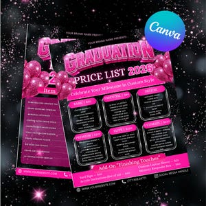 2x Pink Graduation Price List Canva Editable Template, Graduation Package Flyer, Grad Class of 2026 Salon Flyer, Hair & Makeup Pricing List