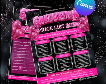 2x Pink Graduation Price List Canva Editable Template, Graduation Package Flyer, Grad Class of 2026 Salon Flyer, Hair & Makeup Pricing List
