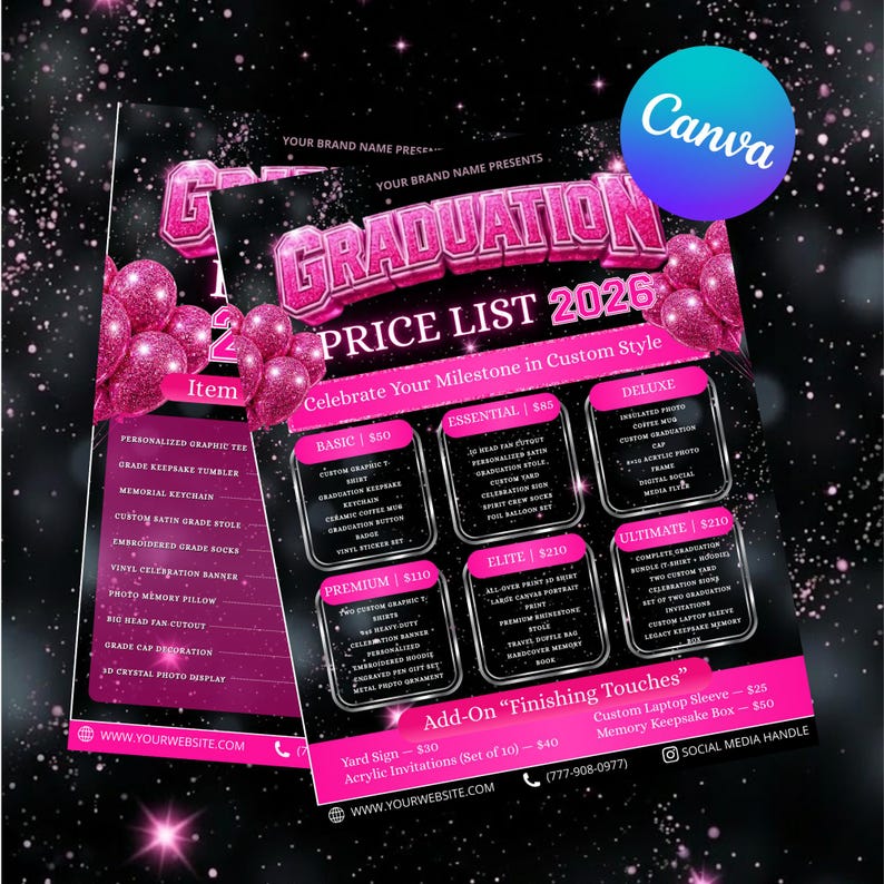 2x Pink Graduation Price List Canva Editable Template, Graduation Package Flyer, Grad Class of 2026 Salon Flyer, Hair & Makeup Pricing List