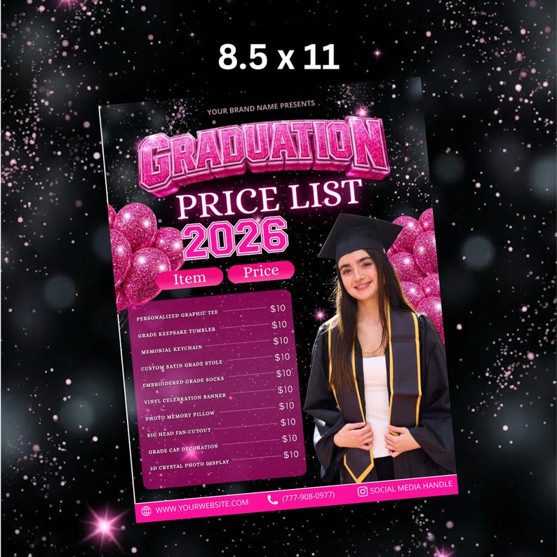 2x Pink Graduation Price List Canva Editable Template, Graduation Package Flyer, Grad Class of 2026 Salon Flyer, Hair & Makeup Pricing List