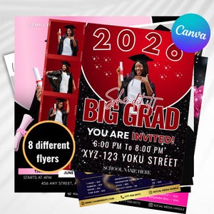 Könnte beinhalten: Eine Sammlung von Abschlussflyern mit einem roten und schwarzen Thema. Der Hauptflyer zeigt ein Foto einer Absolventin und den Text "She did it! Big Grad". Weitere Flyer enthalten Eventdetails und eine Artikelliste.