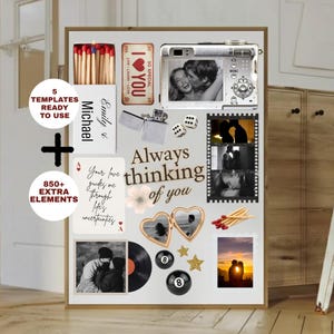 Könnte beinhalten: Eine romantische Collage mit Fotos, einer Vintage-Kamera, Streichhölzern, Würfeln und dem Text "Always thinking of you." Zusätzlicher Text lautet "Emily & Michael," "I ♥ YOU," und "Your love guides me through life's uncertainties."