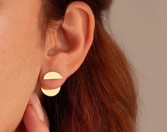 Gold Trendy Circle Ear Jacket Earrings, Dainty Round Ear Jacket, Mothers Days Gift, Earjacket Stud Earrings, Everyday Gold Earrings Women