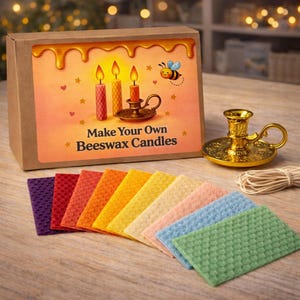 Kit para hacer velas de cera de abeja enrolladas: 10 mini láminas de panal, hilo dorado, mecha y soporte