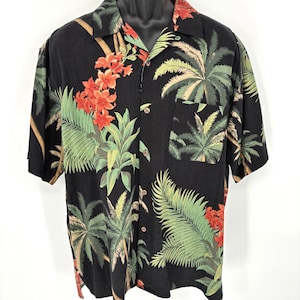 Vintage Silk Circa 1969 Mens Black Silk Hawaiian Magnum PI Shirt Sz L