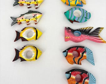Vintage Hand Painted Wooden Fish Napkin Rings Tropical Nautical Set of 9