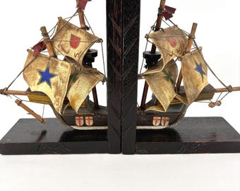 Vintage Wooden Nautical Galleon Ship Bookends Hand Carved Sailing Decor Pair