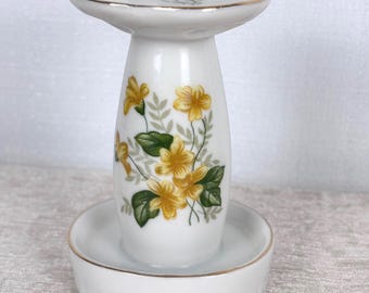 VTG Porcelain Toothbrush Caddy Holder Yellow Flowers Gold Rim JAPAN EUC