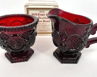 VTG Avon 1876 Cape Cod Ruby Red Glass Creamer and Sugar Bowl Set Pressed Glass