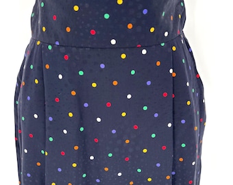 Anne Klein II 100% Silk Polka Dot High Waist Midi Skirt with Back Bow Black Sz 8