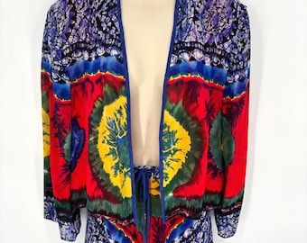 Dorothy Schoelen Platinum Tie Dye Batik 2pc Set Jacket Skirt Womens M L USA