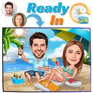 Caricature personnalisée de couple sur la plage à partir de photo Portrait de dessin animé de vacances romantiques Cadeau d'anniversaire personnalisé Art mural numérique pour les amoureux de la plage