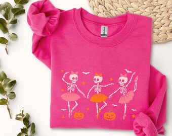 Dancing Skeleton Ballerinas Crewneck Sweatshirt | Halloween Pumpkin Ballet