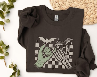 Skeleton Hands Checkerboard Sweatshirt | Gothic Bat Graphic