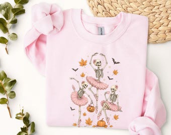 Skeleton Ballerinas Halloween Sweatshirt | Dancing Skulls, Pumpkins & Leaves