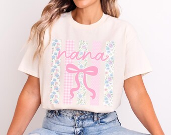 Nana Pink Bow Tee | Floral Stripe Grandma Shirt