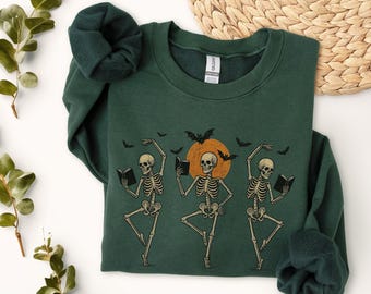Skelly Sweatshirt Cute Book Lover Halloween Crewneck Skeleton Dancing Gift for Her Book Worm Halloween Gift Trendy Dancing Skeleton Top