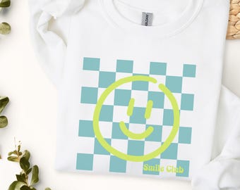 Sudadera con sonrisa a cuadros, Positive Clothing, cuello redondo unisex