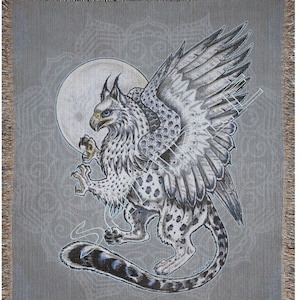 Snow Gryphon Medieval Heraldry Falcon Snow Leopard Woven Blankets