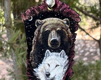 Grizzly Bear Brown Bear White Wolf Totem Animal Spirit Wooden Printed Pendant