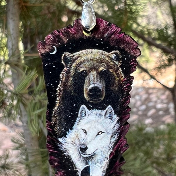 Grizzly Bear Brown Bear White Wolf Totem Animal Spirit Wooden Printed Pendant