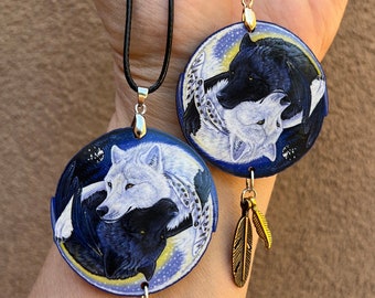 Two Wolves Yin Yang Black White Wolf Animal Spirit Wooden Printed Pendant