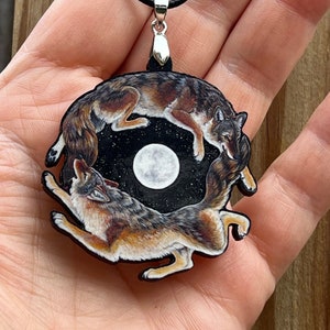 Coyote Dance Moon Animal Spirit Wooden Printed Pendant Necklace