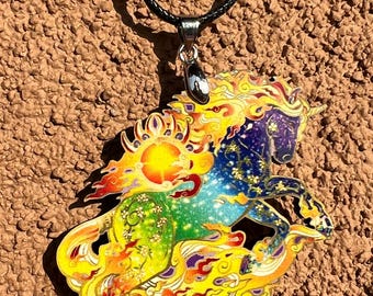 Fire Horse Rainbow Pride Unicorn Lunar New Year Feng Shui Chinese Astrology Wooden Printed Pendant