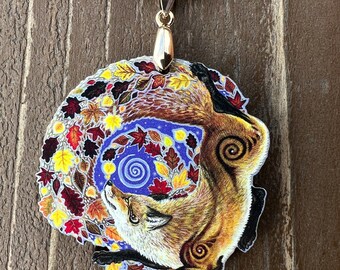 Red Fox Autumn Leaves Kitsune Dance Wooden Printed Pendant