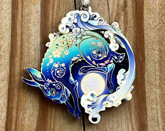 Lunar New Year Blue Green Water Rabbit Astrology Feng Shui Wooden Printed Pendant