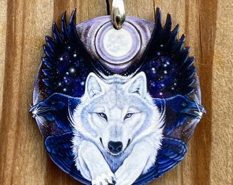 Magical White Wolf Ravens Wooden Printed Pendant