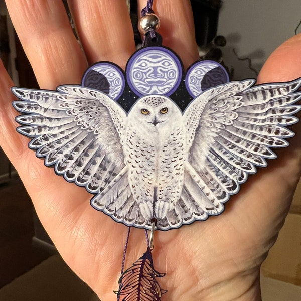 Snowy Owl Moon Phase Animal Spirit Laser Cut Wood Ornament Talisman