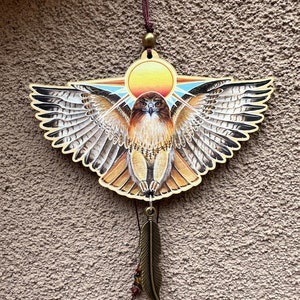 Sun Hawk Red tailed Hawk Animal Spirit Laser Cut Wood Ornament Talisman