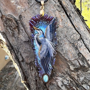 Great Blue Heron Bird Animal Spirit Wooden Printed Feather Pendant