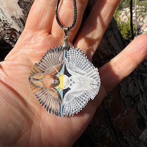 May include: A round wooden pendant necklace with a black cord. The pendant features a painted image of a hawk and an owl with their wings spread, facing each other. The background is a blue and yellow sky with stars.