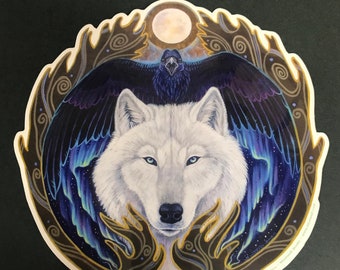 Nordic White Wolf Raven Viking Pagan Spirit Animal Decal Sticker