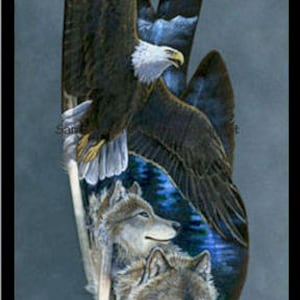 Bald Eagle and Wolf Pack Wildlife Art Painted Feather Print