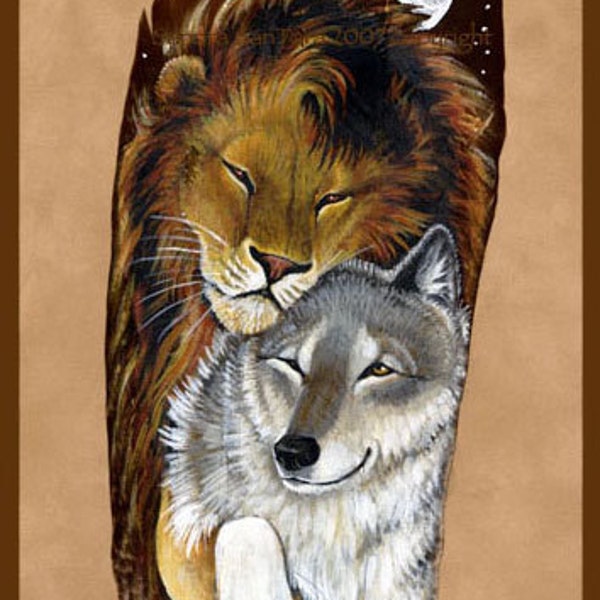 Impression de plumes peintes d'art animalier de couple de lion et de loup