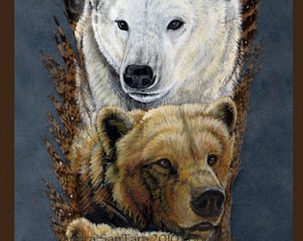 Polar, Grizzly, Brown and Black Bear Totem Wildlife Art Painted Feather Print