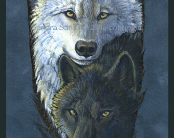 Wolf Couple Yin Yang Wildlife Art Painted Feather Print