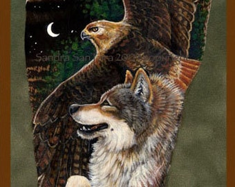 Red Tailed Hawk and Wolf Wildlife Art Painted Feather Print