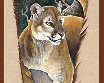 クーガー、ピューマ、マウンテンライオンの野生動物アート、羽根の