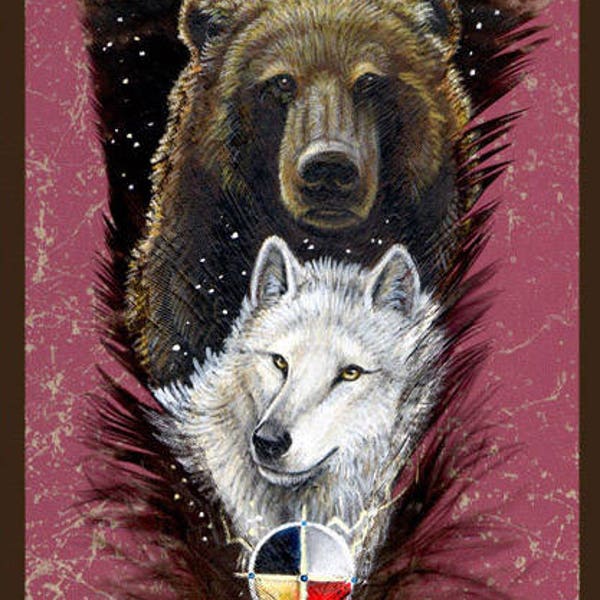 Brown Bear White Wolf Wildlife Art Painted Feather Print