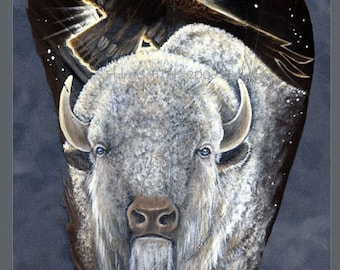 White Buffalo and Golden Eagle Western Indigenous Visionary Wildlife Art Painted Feather Print